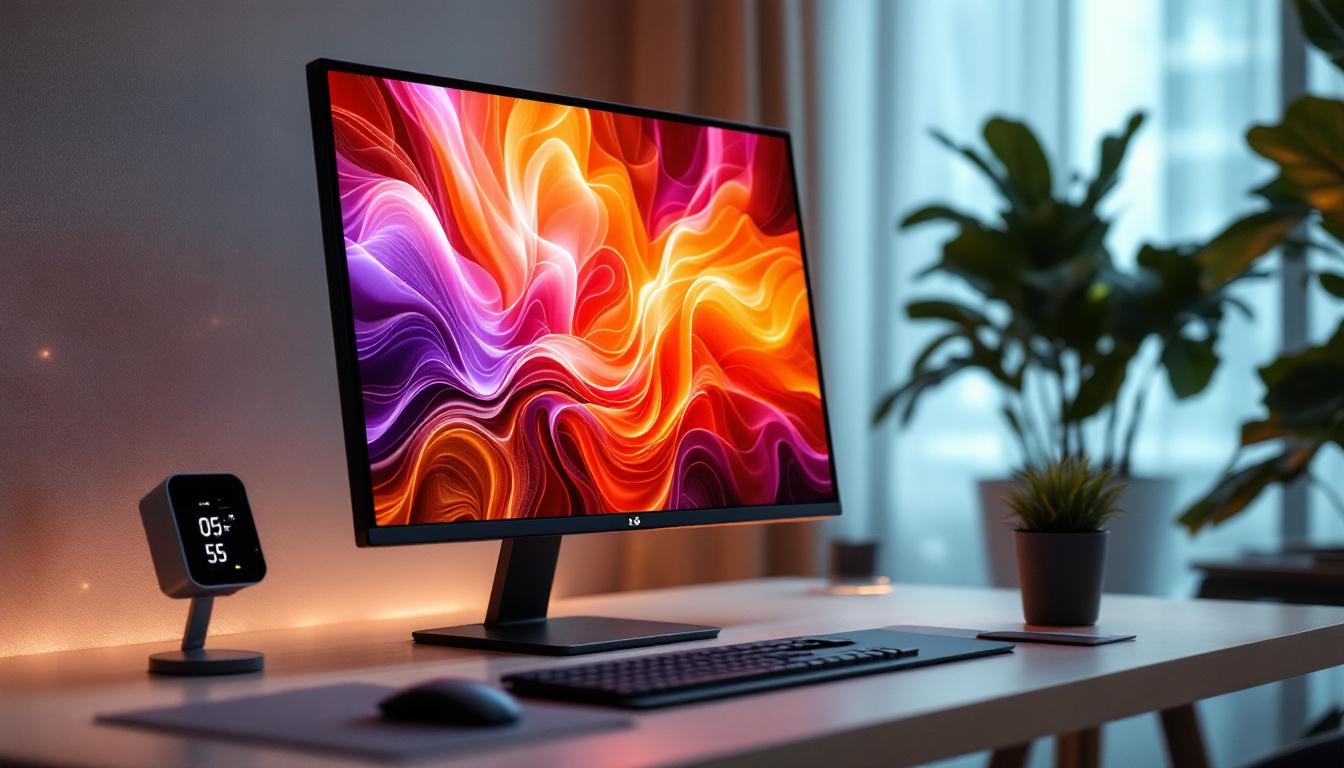 A photograph of a sleek all-in-one desktop computer with a vibrant touch screen display