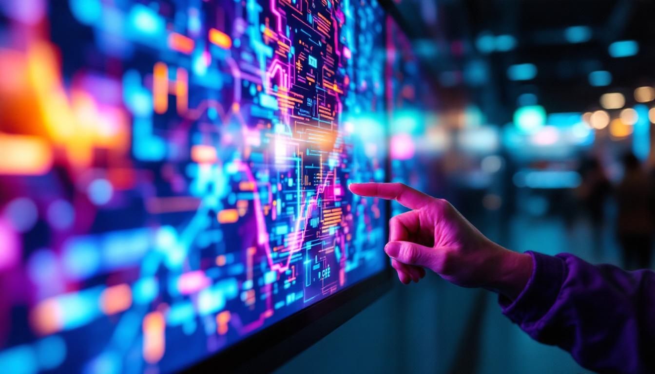 A photograph of a close-up shot of a vibrant led display terminal in use