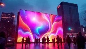A photograph of a vibrant led display in an urban setting at dusk