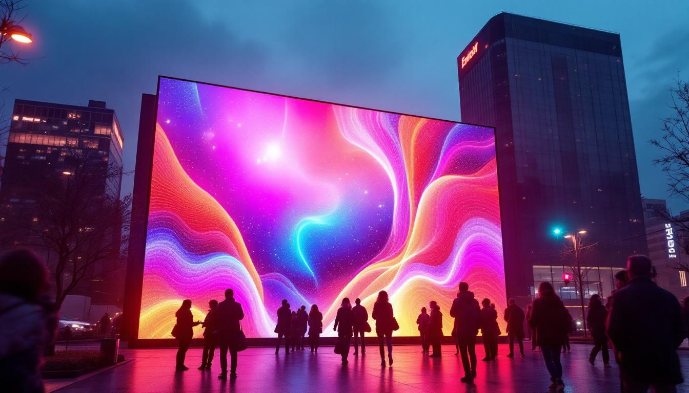 A photograph of a vibrant led display in an urban setting at dusk