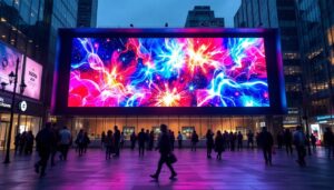 A photograph of a vibrant led display in an urban setting