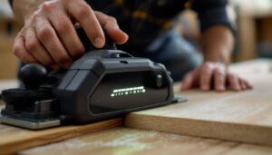 A photograph of a portable planer in action