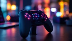 A photograph of capture a photograph of a sleek edge controller module with a vibrant led display in action