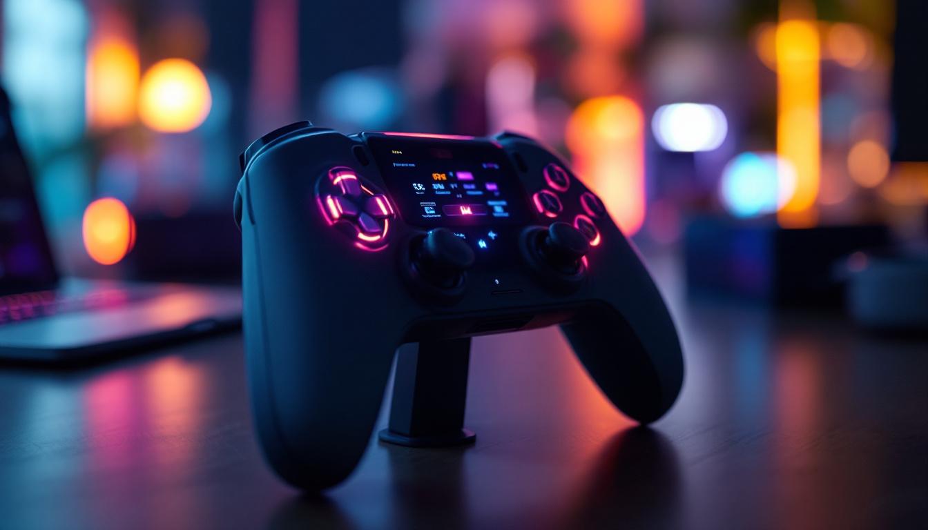 A photograph of capture a photograph of a sleek edge controller module with a vibrant led display in action