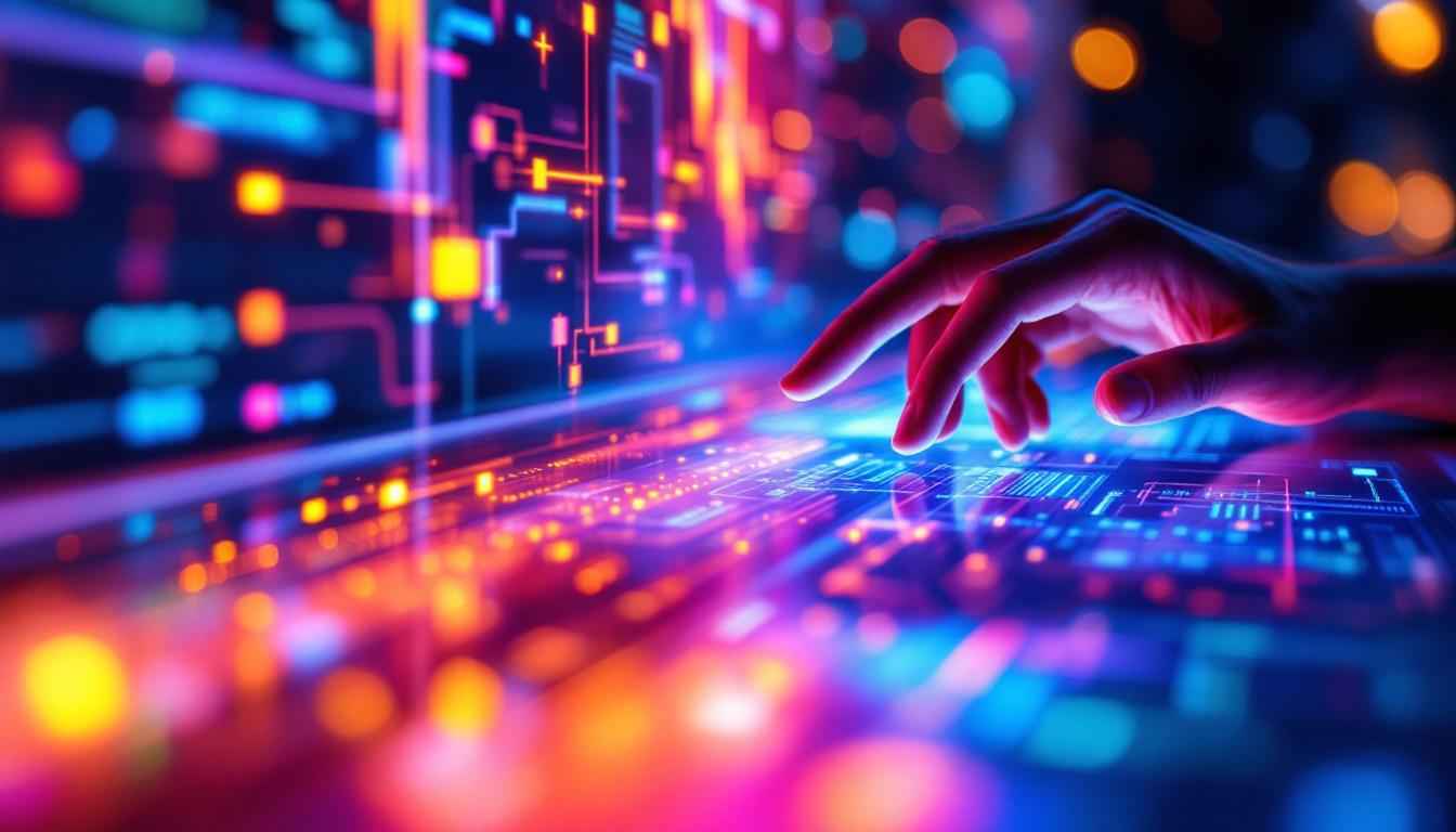 A photograph of a close-up shot of a vibrant touch display monitor in use