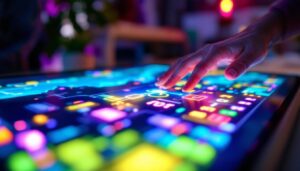 A photograph of a close-up shot of a touch board in action