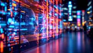 A photograph of a high-tech led display showcasing a visual representation of a camera's ability to "see" through walls