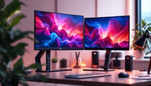 A photograph of a sleek dual monitor stand in a modern workspace setup