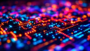 A photograph of a close-up of a vibrant led display showcasing dynamic colors and patterns