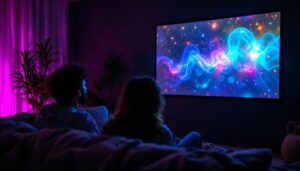 A photograph of a projector displaying vibrant led visuals on a textured black wall