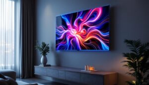 A photograph of a sleek commercial electric wall-mounted tv showcasing its vibrant led display in a modern