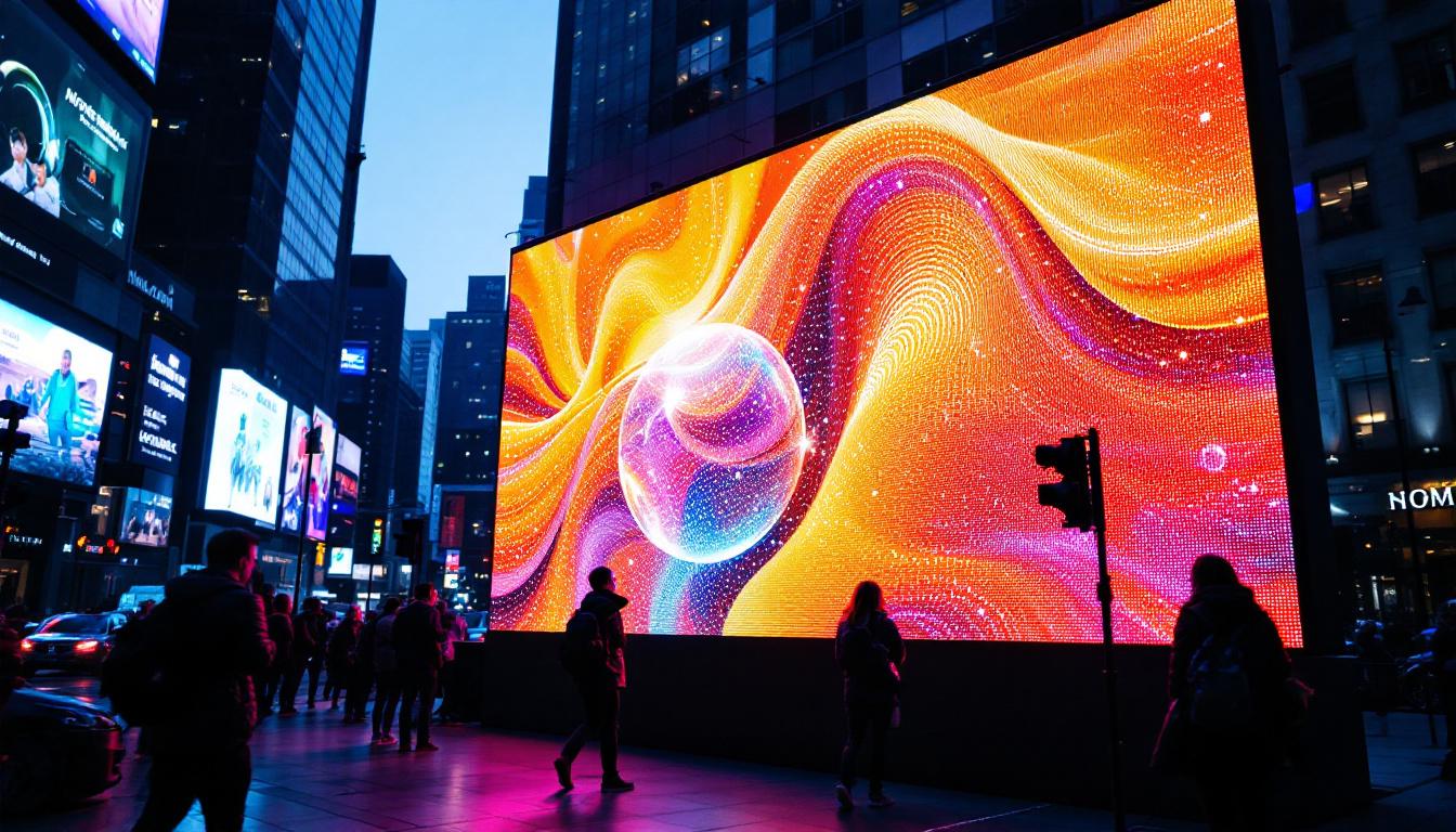 A photograph of capture a photograph of a vibrant led display in an urban setting