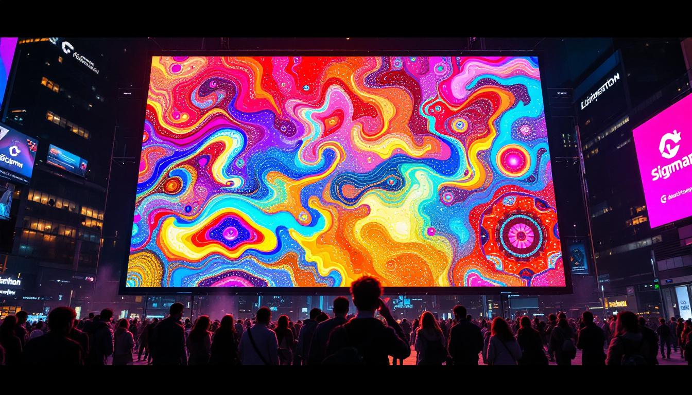 A photograph of a vibrant led display in a dynamic urban setting