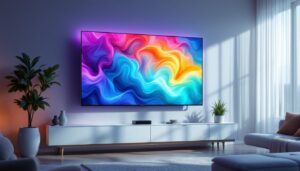 A photograph of a sleek 86-inch tv displaying vibrant led visuals in a modern living room setting