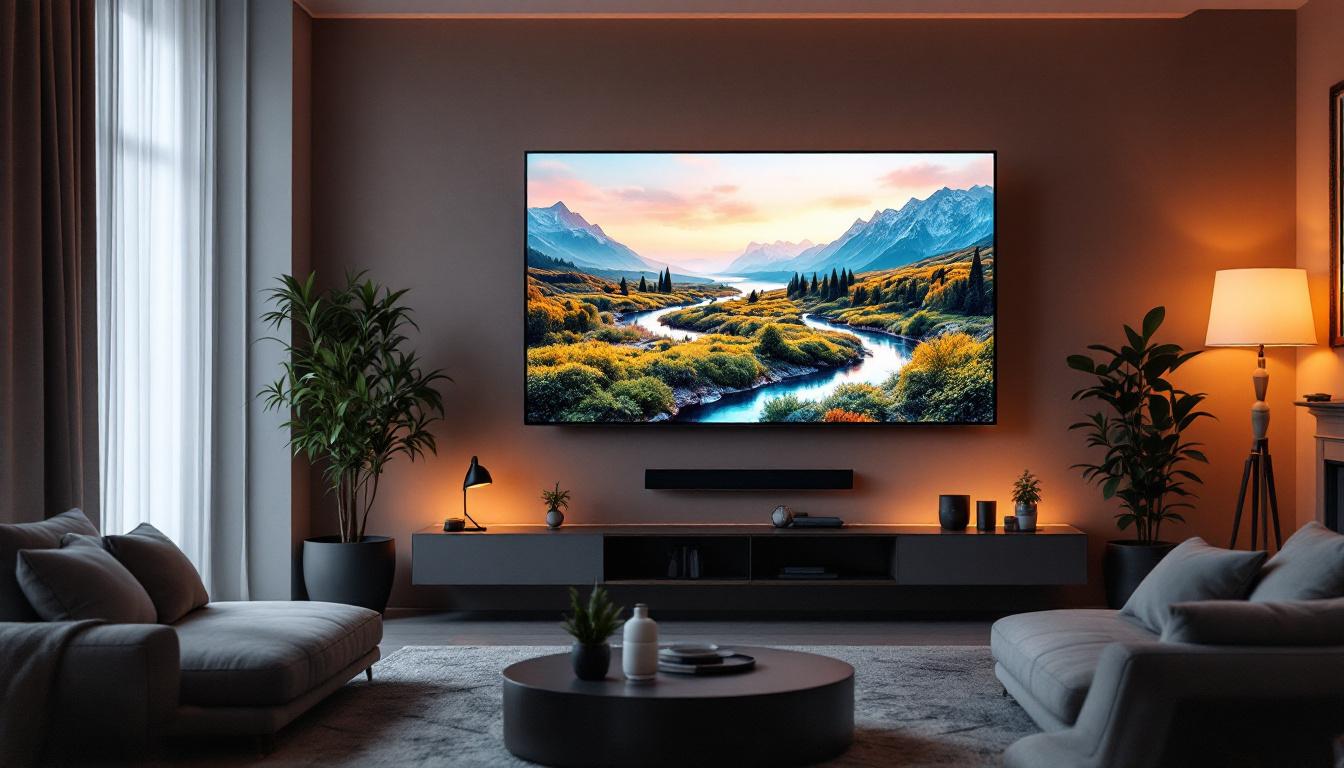 A photograph of a modern living room showcasing multiple led tvs mounted on the wall