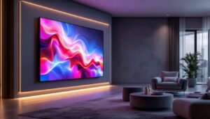 A photograph of a modern wall corner design featuring a vibrant led display