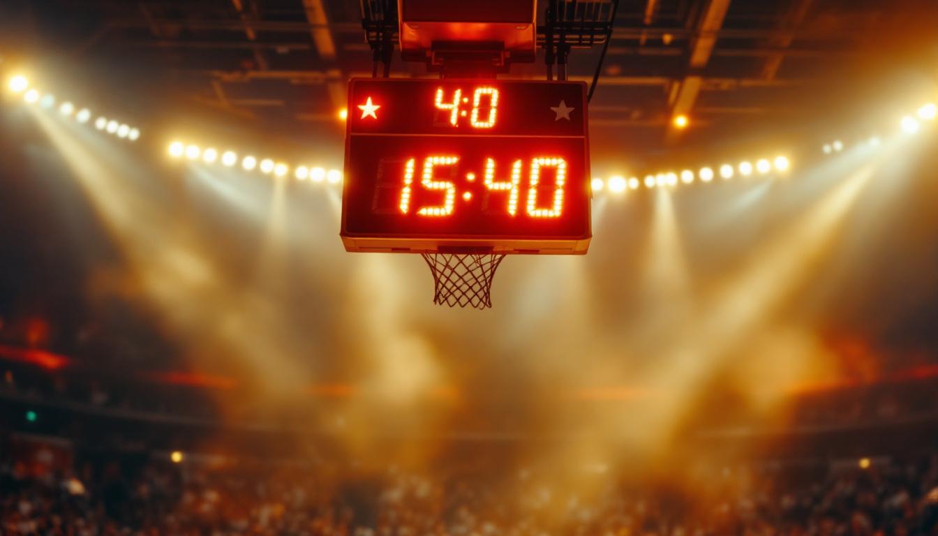 A photograph of a dynamic shot of a basketball game in action