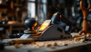 A photograph of a small hand planer prominently displayed on a workbench