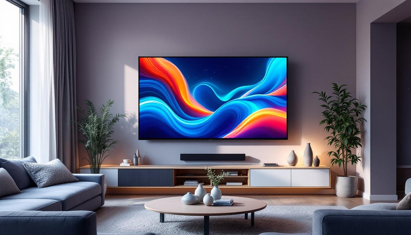 A photograph of a modern living room featuring a large led flat-screen tv mounted on the wall