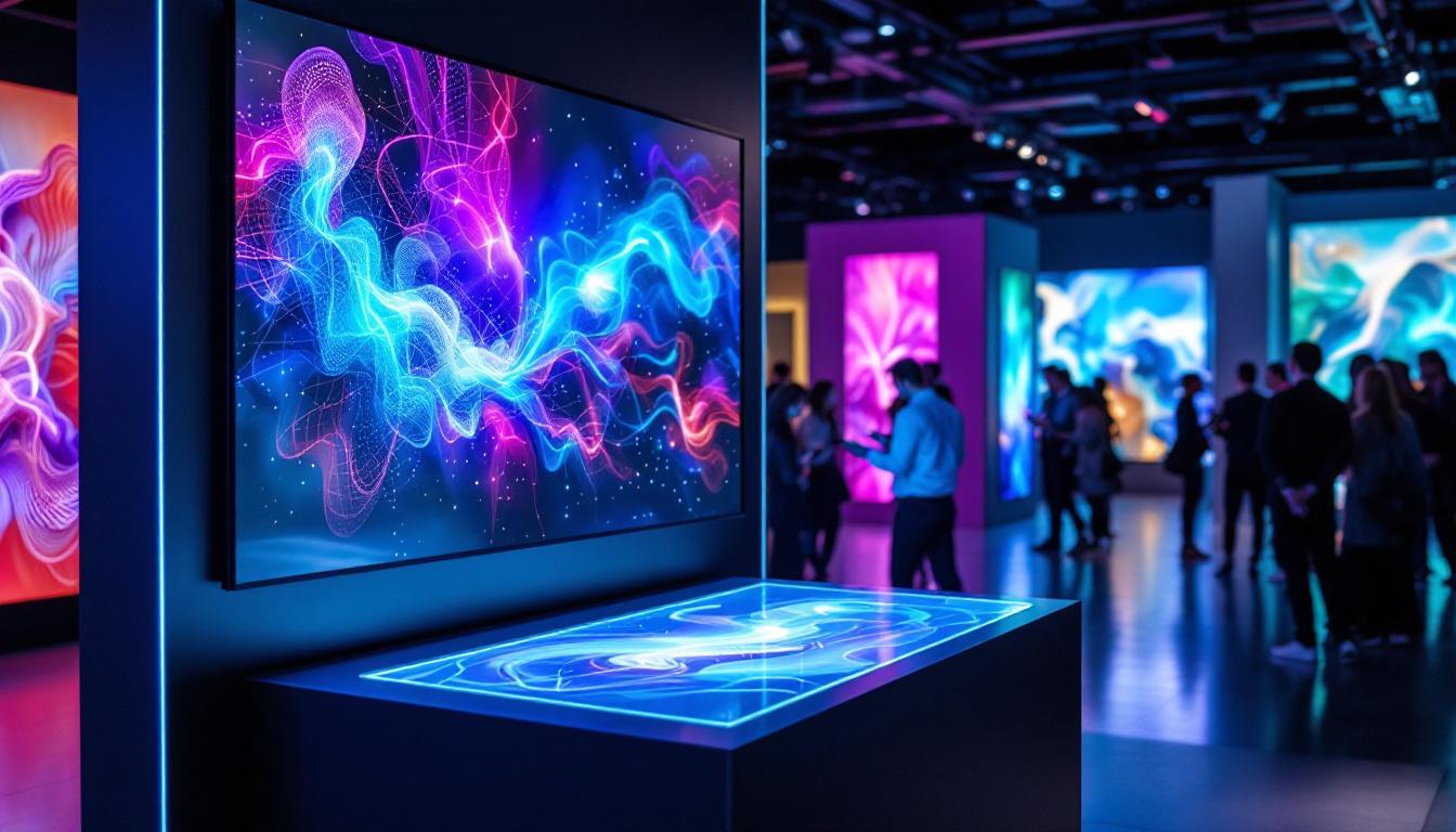 A photograph of capture a photograph of an elegant art display panel set up in a modern exhibition space