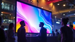 A photograph of a vibrant led display in a dynamic setting