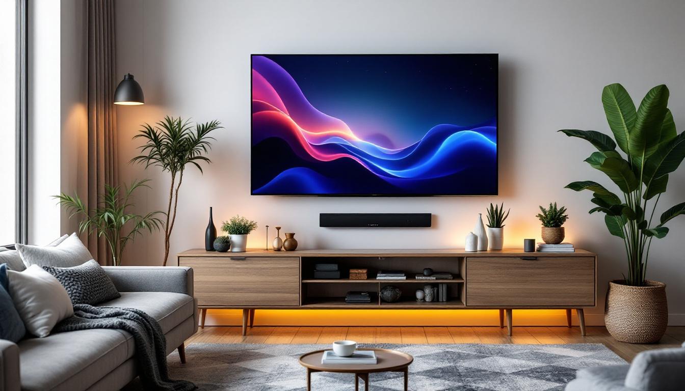 A photograph of a stylish living room setup featuring a mounted led tv at an optimal height