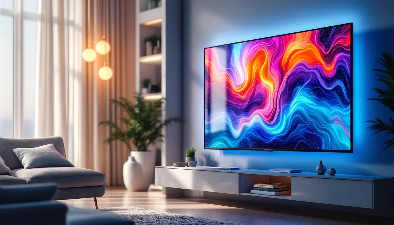 A photograph of a sleek 42-inch plasma screen displaying vibrant led visuals in a modern living room setting