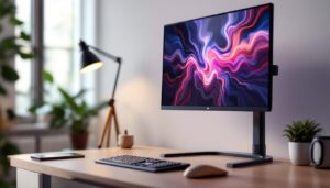 A photograph of a height-adjustable computer monitor in an ergonomic workspace setting