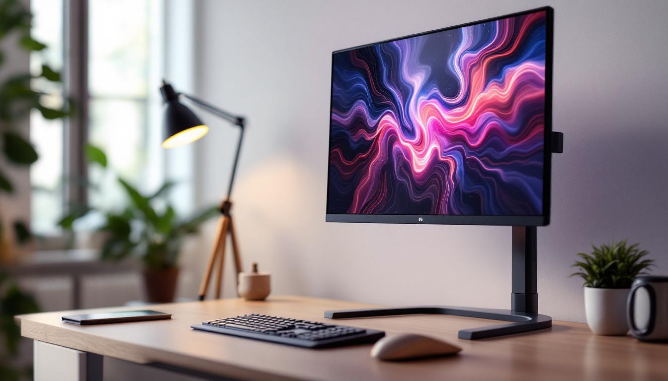 A photograph of a height-adjustable computer monitor in an ergonomic workspace setting