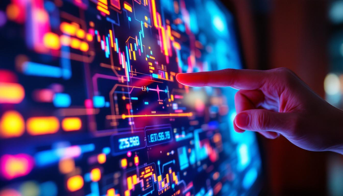 A photograph of a close-up shot of a touch screen device displaying vibrant led graphics