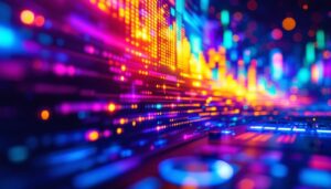 A photograph of a vibrant led display showcasing dynamic audio visualizations
