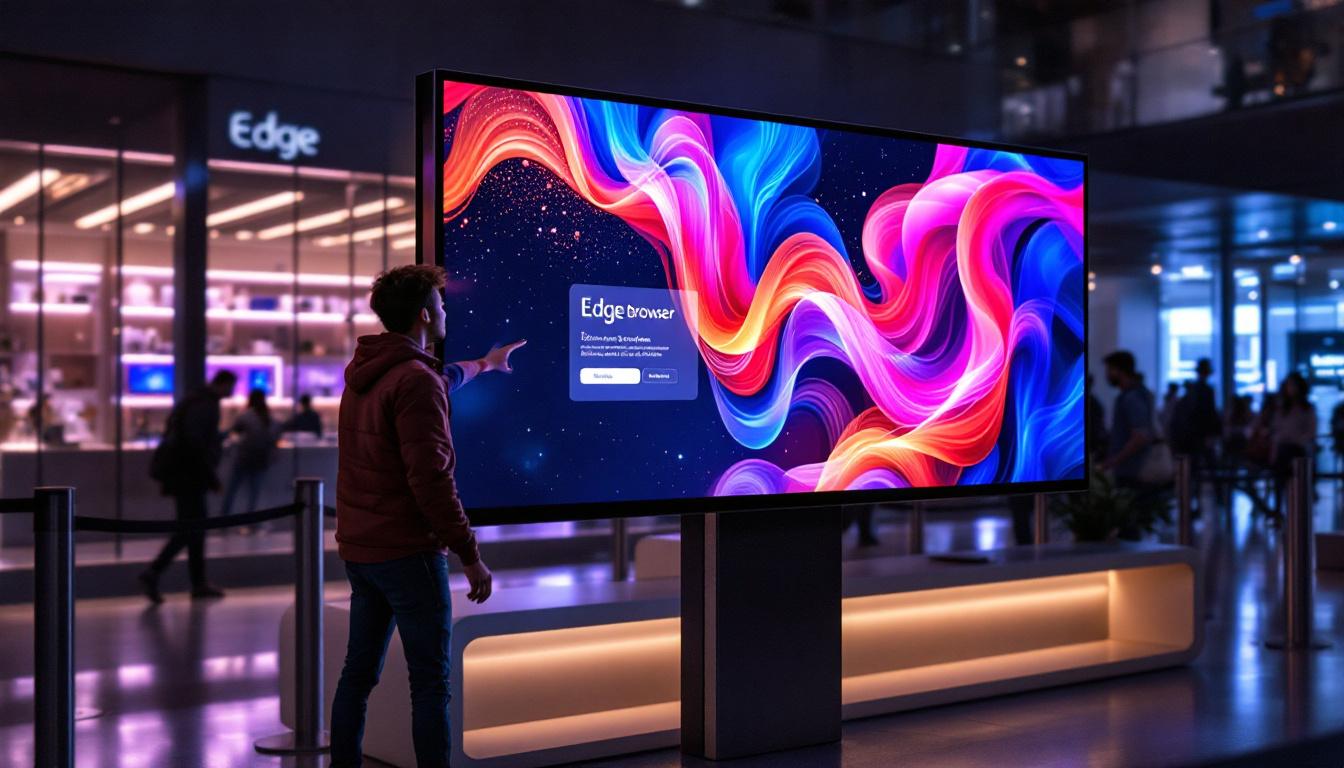 A photograph of a modern led display showcasing the edge browser in kiosk mode