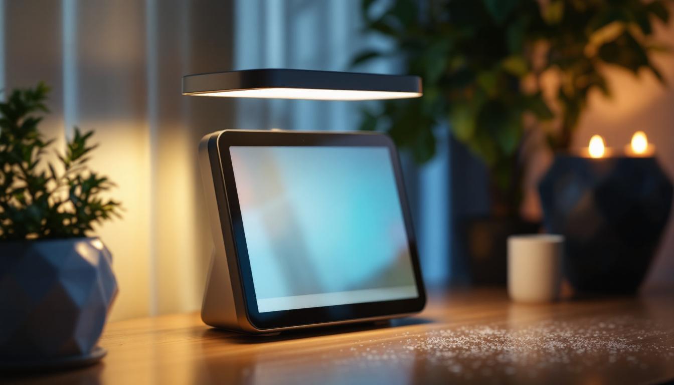 A photograph of a close-up shot of a touch-sensitive lamp showcasing its led display in action