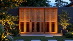 A photograph of a beautifully crafted lattice privacy screen in a serene outdoor setting
