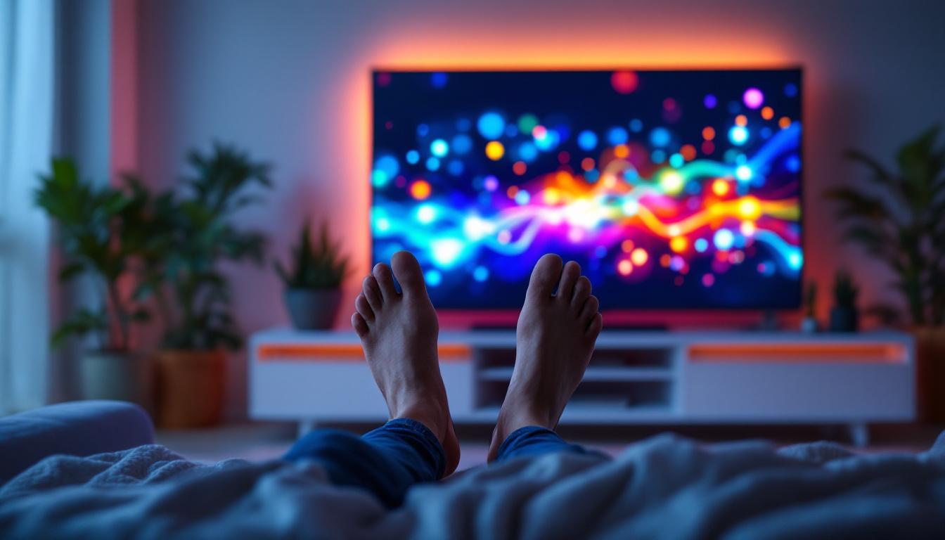 A photograph of a cozy living room scene featuring a person comfortably reclining with their feet up on a wall