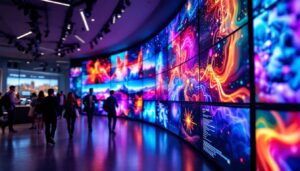 A photograph of a vibrant and dynamic video wall showcasing various led displays in a modern setting