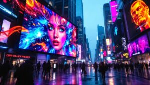 A photograph of a vibrant led display showcasing dynamic visuals in an urban setting