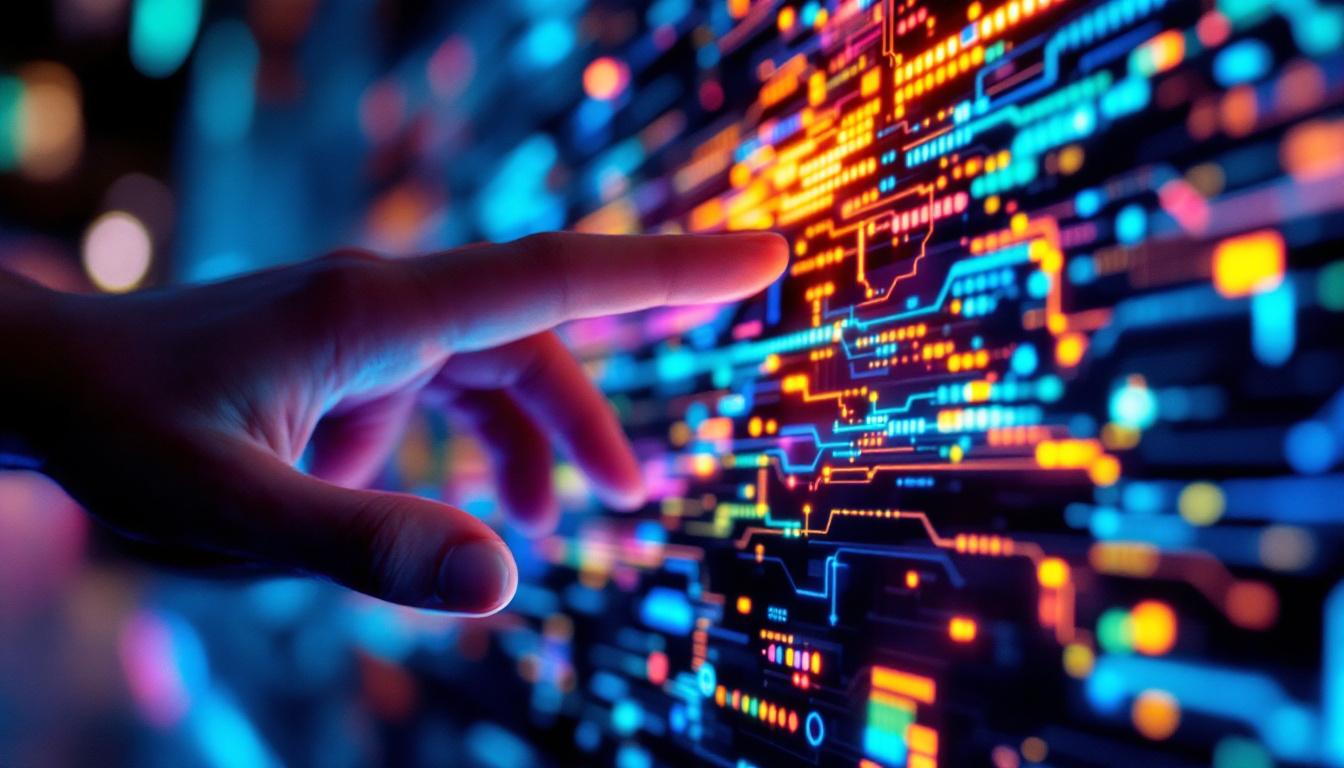 A photograph of a close-up shot of a hand interacting with a vibrant led display