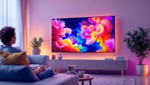 A photograph of a modern living room setup featuring a large led tv displaying vibrant visuals