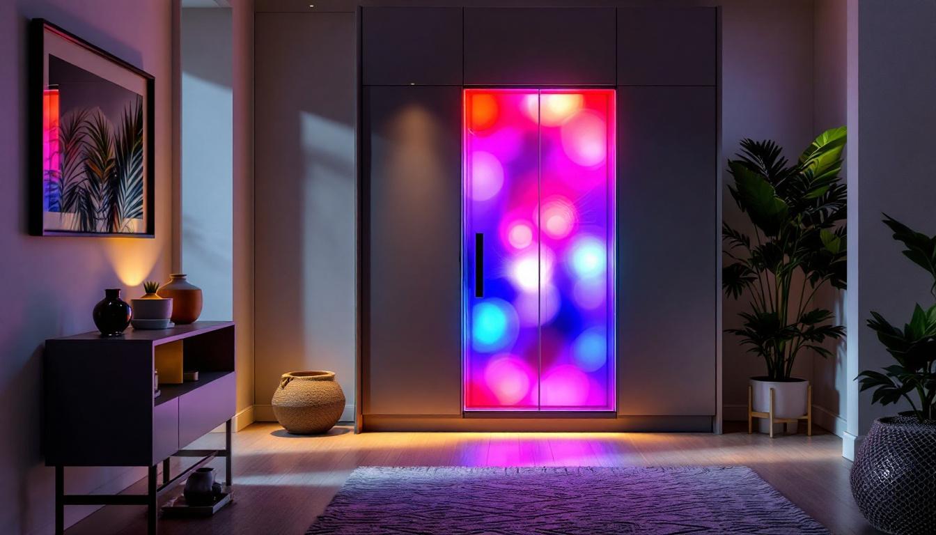 A photograph of a stylish entry cabinet featuring a vibrant led display