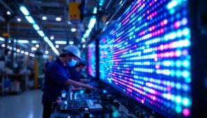 A photograph of a vibrant led display in a manufacturing setting