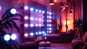 A photograph of a well-lit indoor space featuring a row of vibrant 4-foot led lights in action