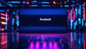 A photograph of a vibrant led display showcasing a facebook header on a powerpoint slide