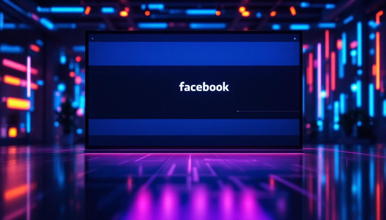 A photograph of a vibrant led display showcasing a facebook header on a powerpoint slide
