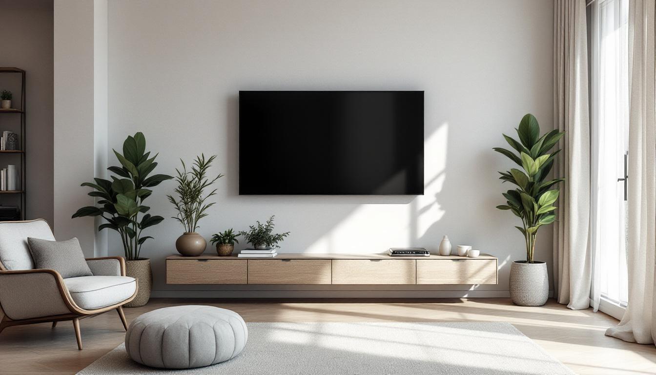 A photograph of a stylish living room featuring a modern tv board wall with an led display
