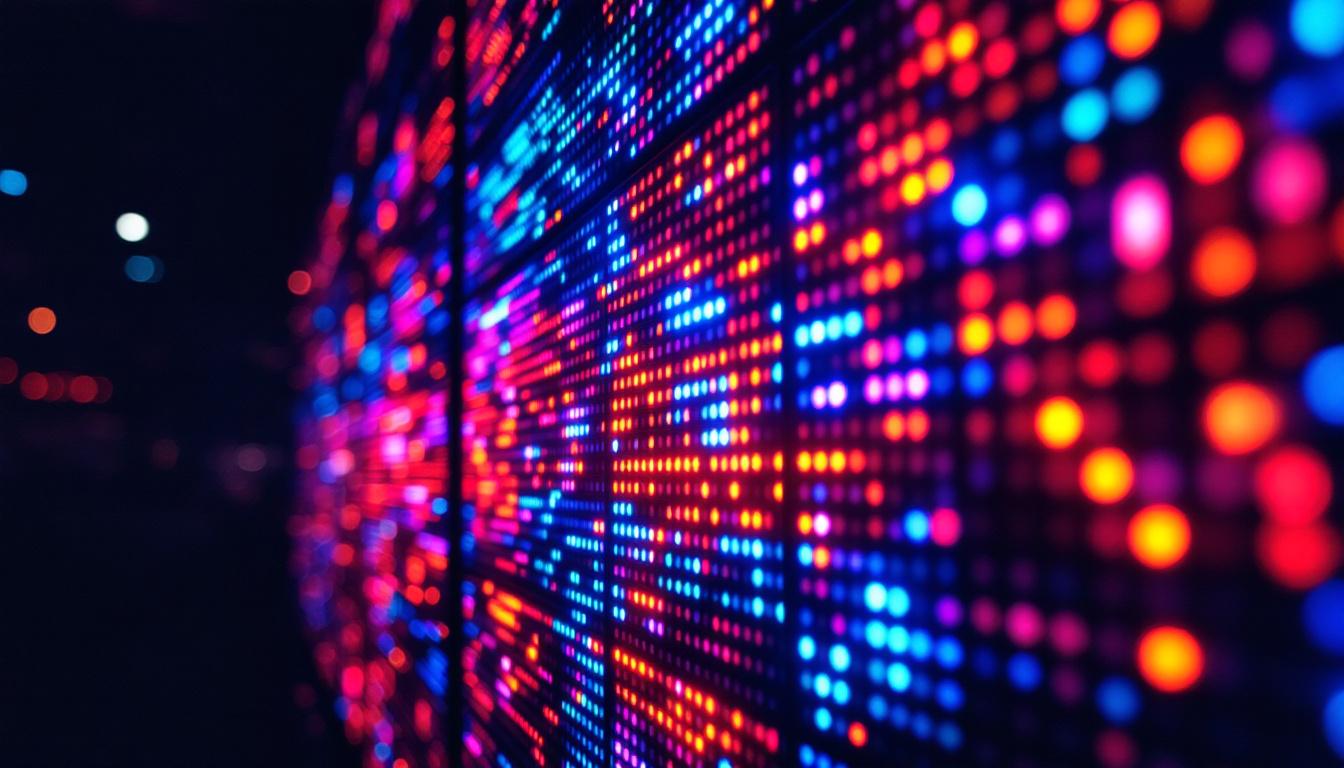 A photograph of a vibrant led display showcasing dynamic colors and patterns