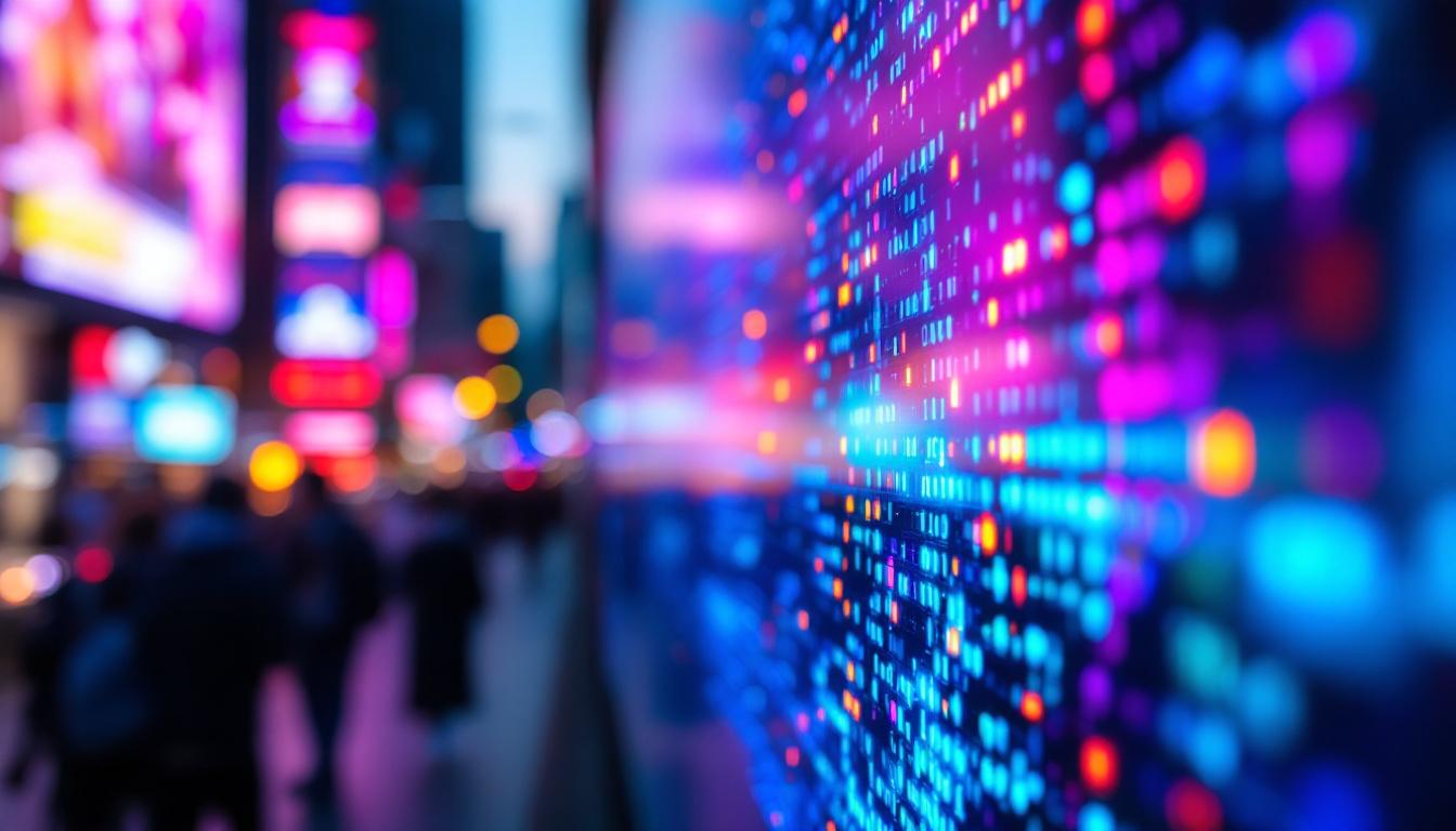 A photograph of a close-up view of a vibrant led display showcasing dynamic colors and intricate details