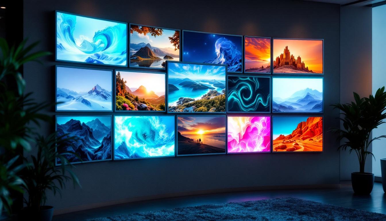 A photograph of a stylish multi-frame wall display featuring vibrant led screens showcasing various images or videos