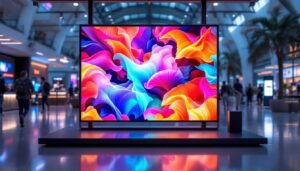 A photograph of a vibrant led display stand in a bustling environment