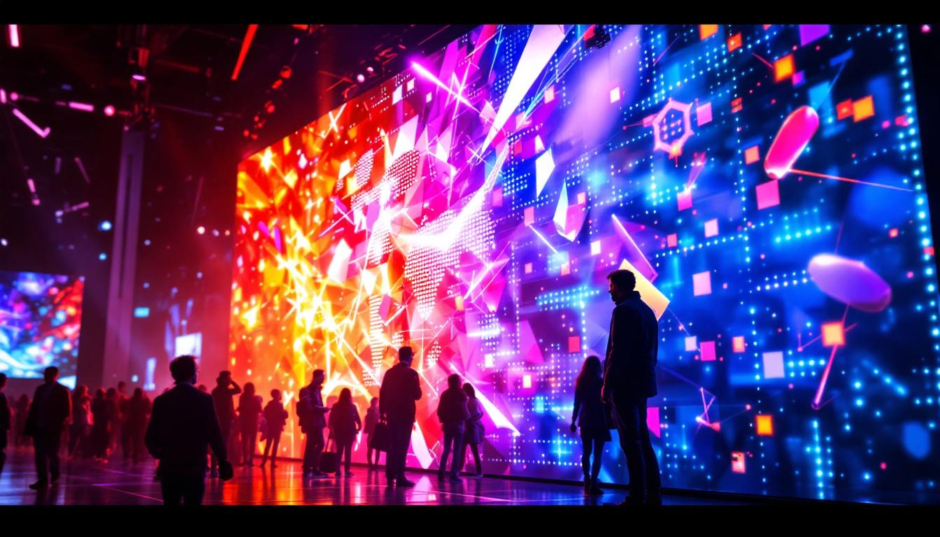 A photograph of a vibrant led display in a dynamic setting